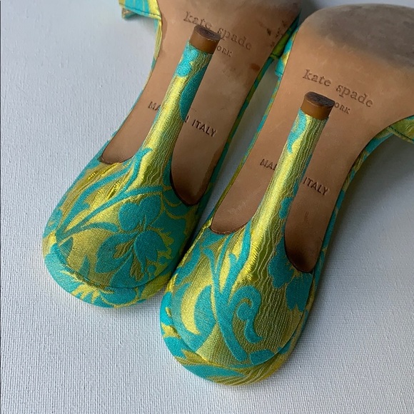 Kate Spade Bow Heel Green Blue Brocade Sandals - Picture 11 of 16
